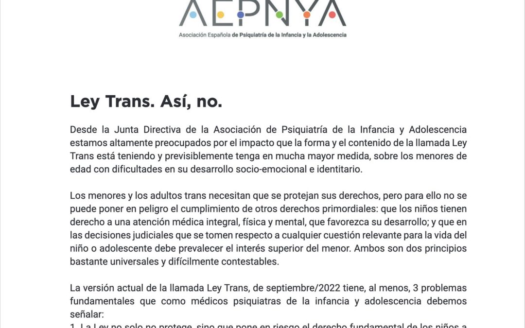 Ley Trans. Así, no. Junta Directiva de la Asociación Española de Psiquiatría de la Infancia y la Adolescencia (AEPNYA)