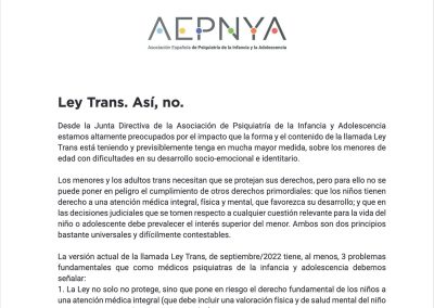Ley Trans. Así, no. Junta Directiva de la Asociación Española de Psiquiatría de la Infancia y la Adolescencia (AEPNYA)