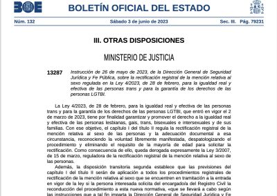 Instrucción de 26 de mayo de 2023, de la Dirección General de Seguridad Jurídica y Fe Pública, sobre la rectificación registral de la mención relativa al sexo