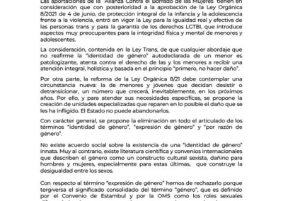 Aportaciones de la Alianza Contra el Borrado de las Mujeres a la consulta pública previa sobre la Ley Orgánica para la Reforma de la Ley Orgánica 8/2021, de 4 de Junio, de Protección Integral de la Infancia y la Adolescencia Frente a la Violencia