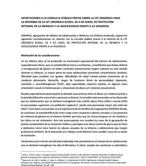 APORTACIONES DE AMANDA A LA CONSULTA PÚBLICA PREVIA SOBRE LA LEY ORGÁNICA PARA LA REFORMA DE LA LEY ORGÁNICA 8/2021, DE 4 DE JUNIO, DE PROTECCIÓN INTEGRAL DE LA INFANCIA Y LA ADOLESCENCIA FRENTE A LA VIOLENCIA