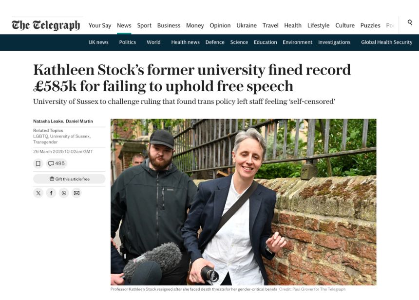Multa récord de 585.000 £ a la Universidad de Sussex por no defender la libertad de expresión y de cátedra de Kathleen Stock