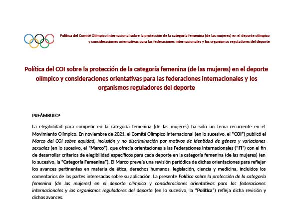 Nueva política del COI sobre las categorías femeninas en el Deporte