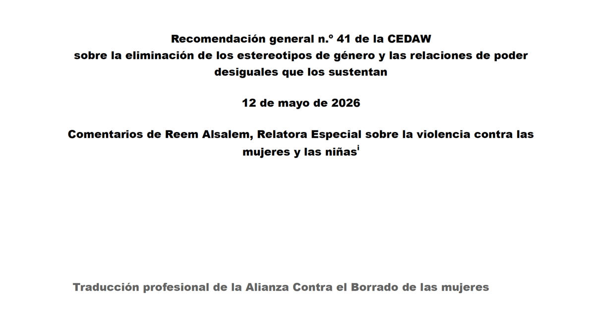 Traducción de Alianza Contra el Borrado de las Mujeres sobre los comentarios del Reem Alsalem a la recomendación nº 41 de la CEDAW